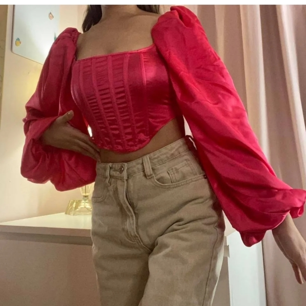 Balloon Sleeves Corset, Hot Pink Size 2, Crop Top